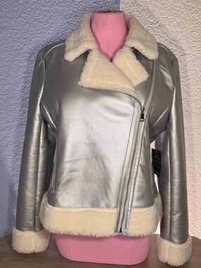 Boston Proper Silver Faux Leather Sherpa Moto Jacket NWT Large Winter